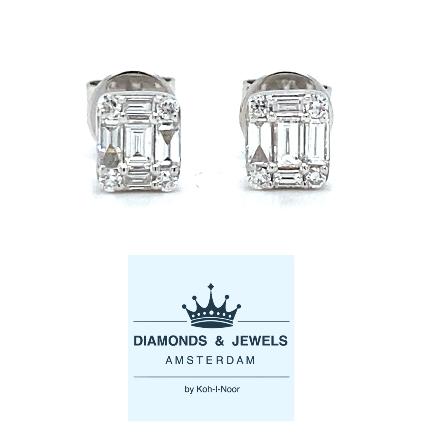 18krt witgouden rechthoekige oorknoppen met briljant en baquette geslepen diamanten van 0.23crt