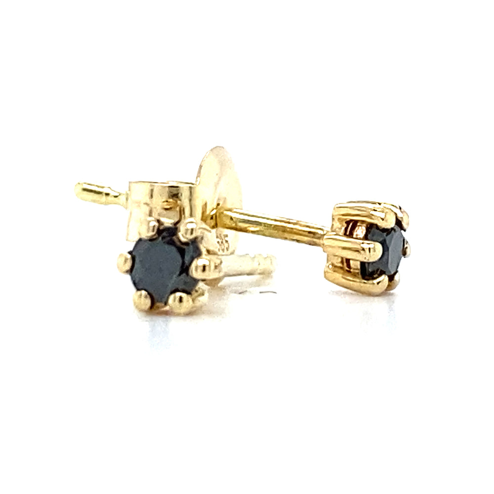 
                      
                        14 kt geelgouden oorknoppen met een 6 poot zetting. Bezet met 2 briljant geslepen zwarte diamanten me teen totaalgewicht van 0.20 gram Ø 4 mm Model O 3926
                      
                    