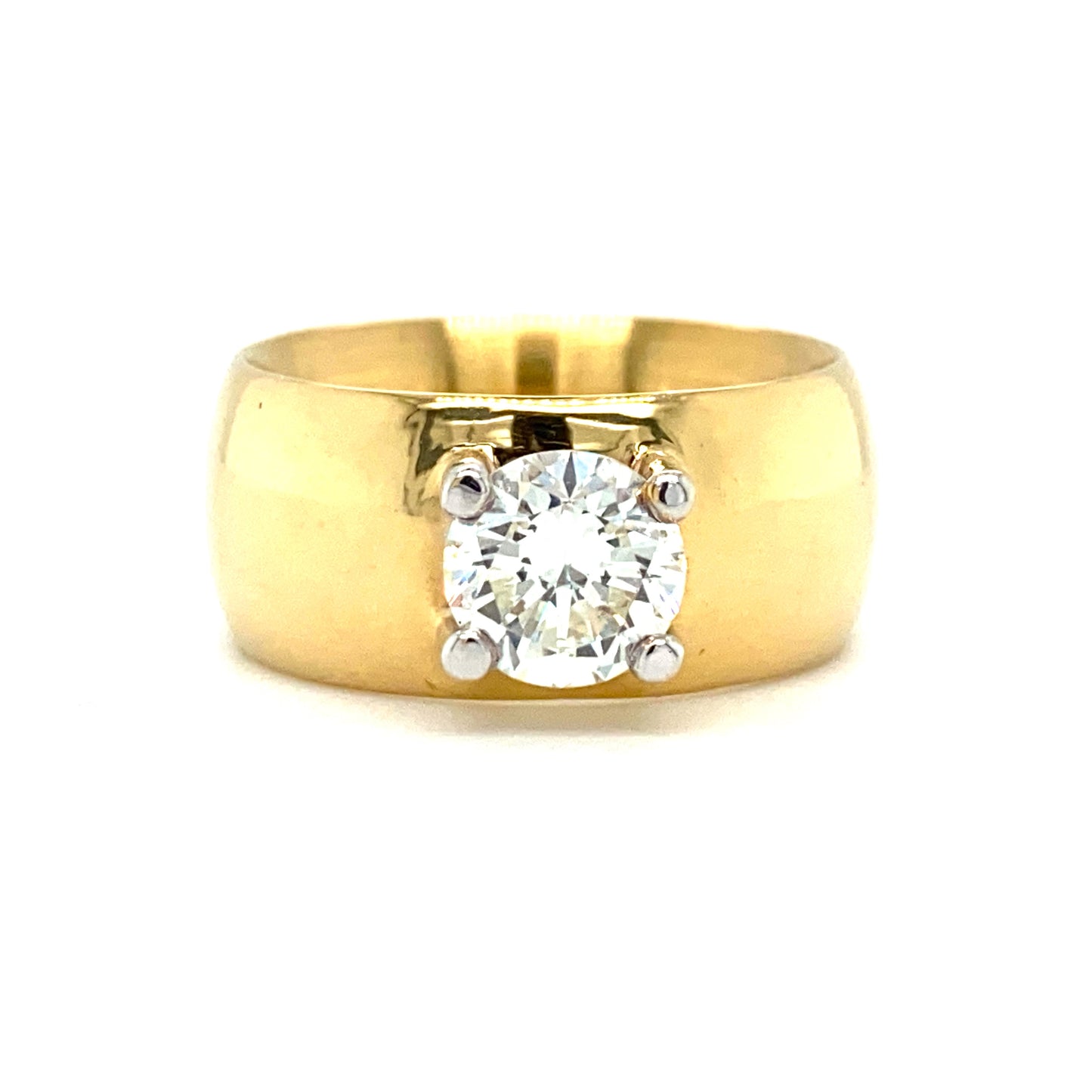 18krt geel gouden brede design ring met 1 briljant geslepen diamant van 1.3crt kleur g kwaliteit vvs2 maat 17/53 model r5855 €18.500
