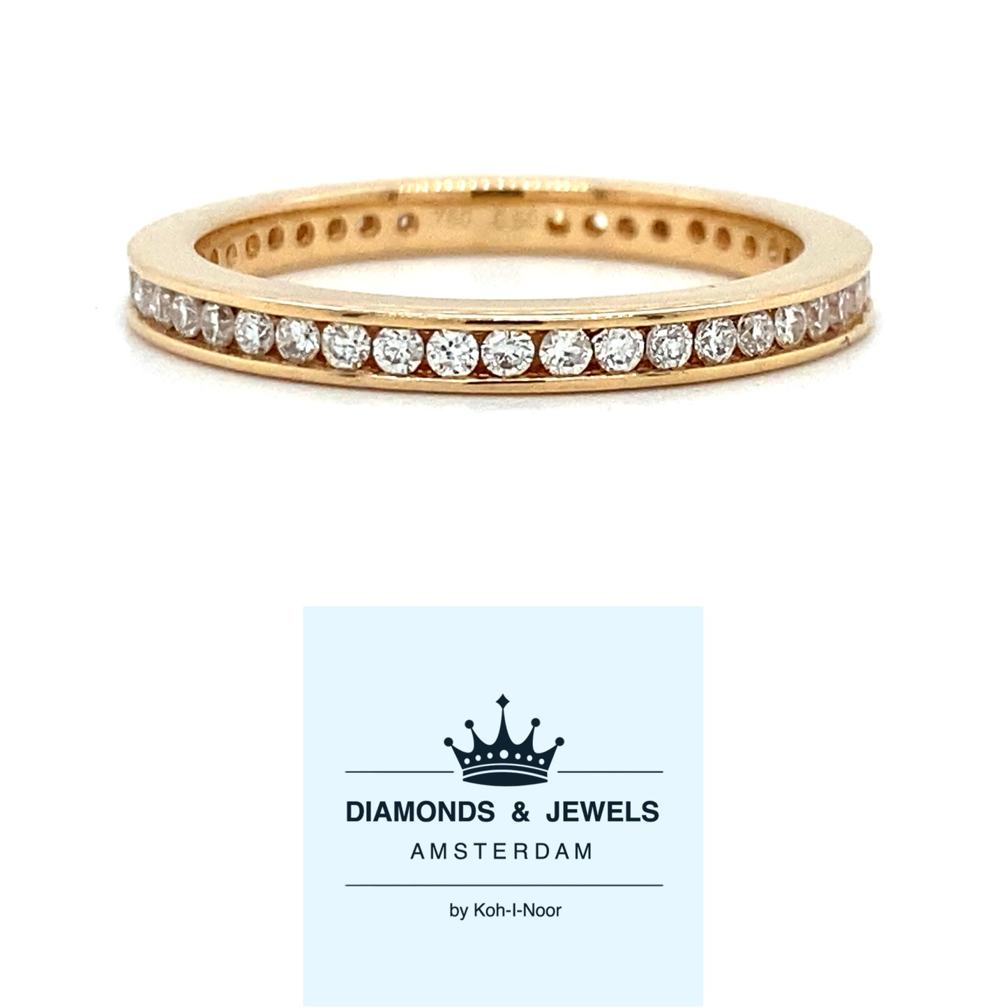 18 karaat rosé gouden alliance rijring van 3 gram en 2.3 mm breed. Bezet met 45 briljant geslepen diamanten met een totaalgewicht van 0.50 crt kleur Top Wesselton kwaliteit SI Model R 7236