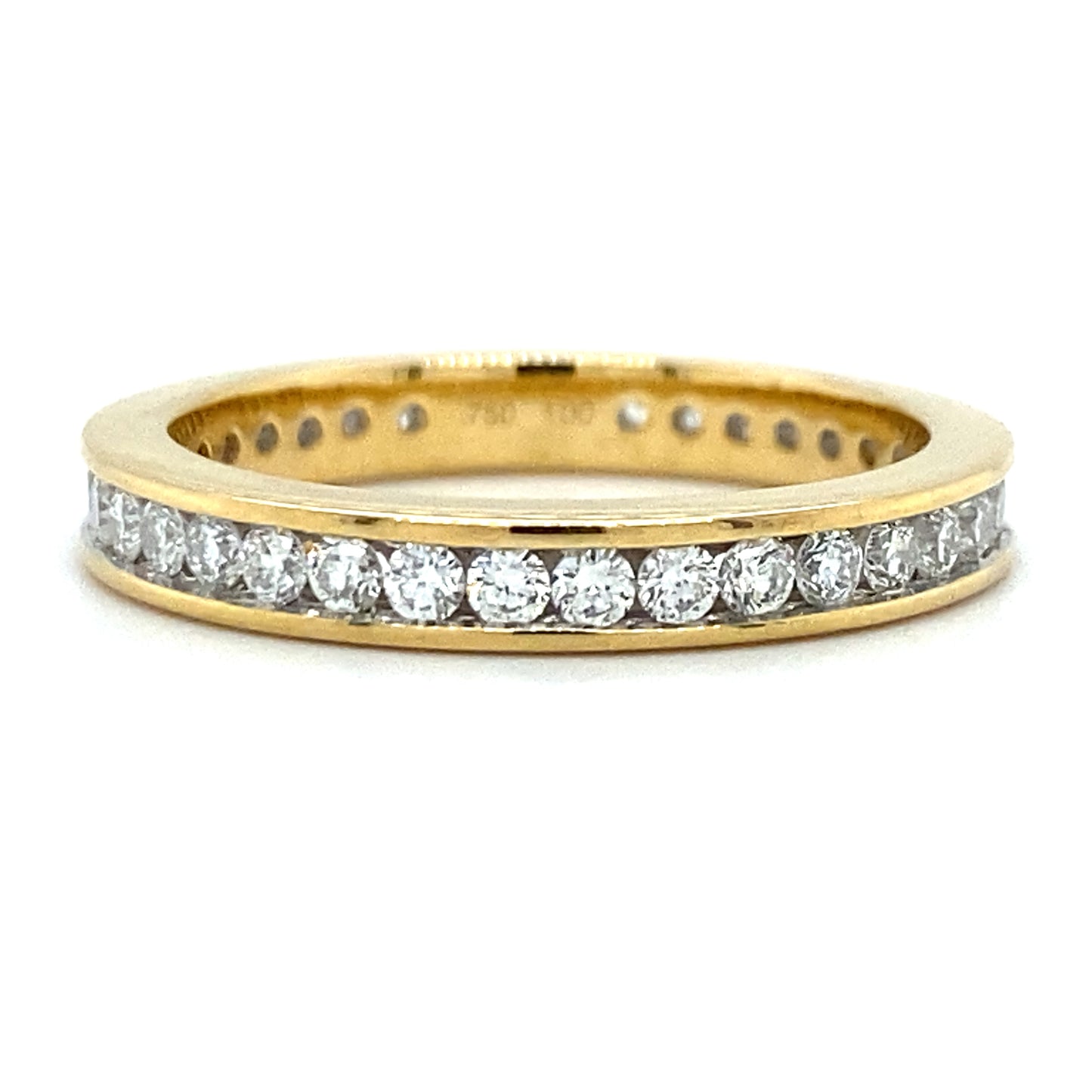 18 karaat geel gouden alliance rijring van 4 gram en 3 mm breed. Bezet met 36 briljant geslepen diamanten met een totaalgewicht van 1.00 rt kleur top wesselton kwaliteit si Model R 7239