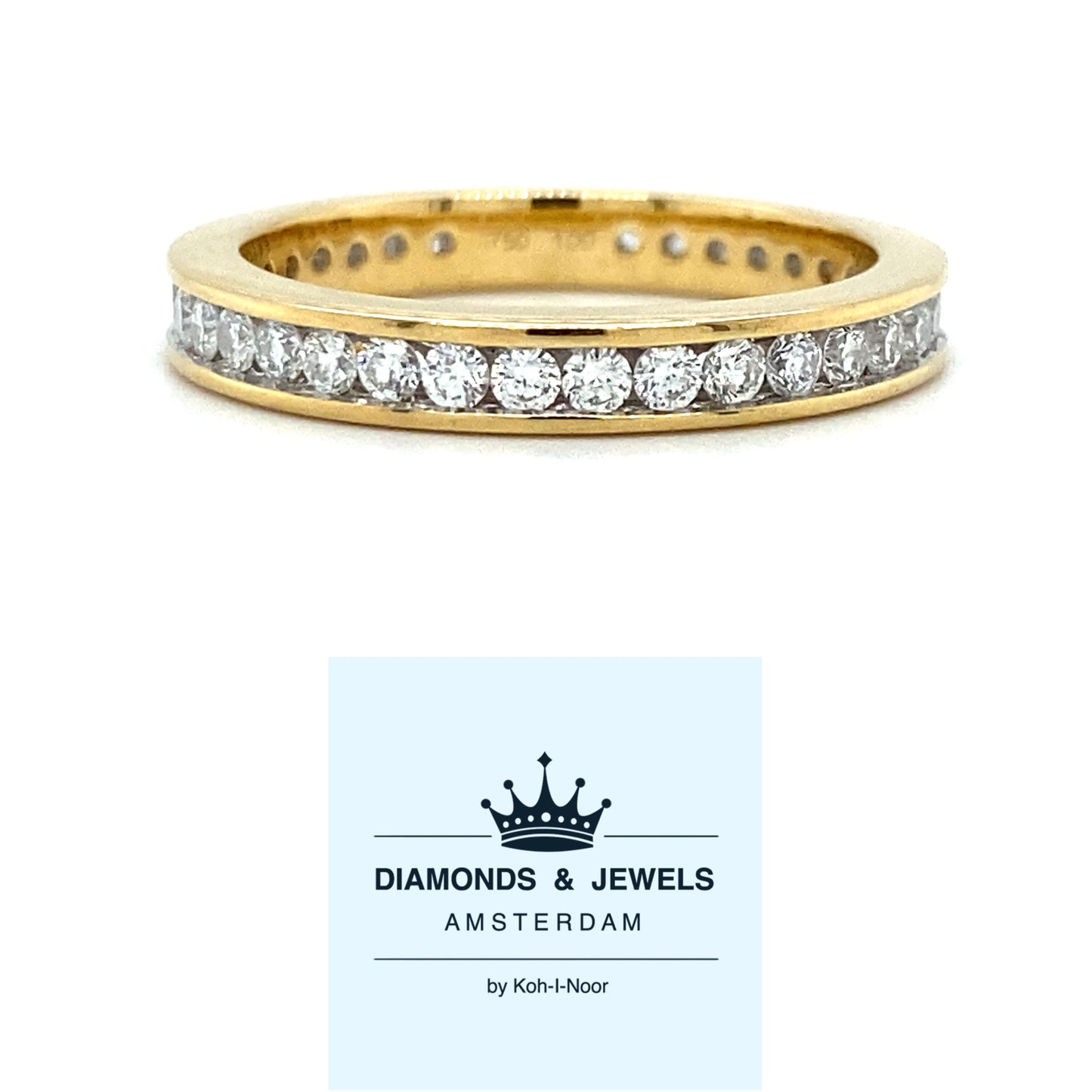 18 karaat geel gouden alliance rijring van 4 gram en 3 mm breed. Bezet met 36 briljant geslepen diamanten met een totaalgewicht van 1.00 rt kleur top wesselton kwaliteit si Model R 7239