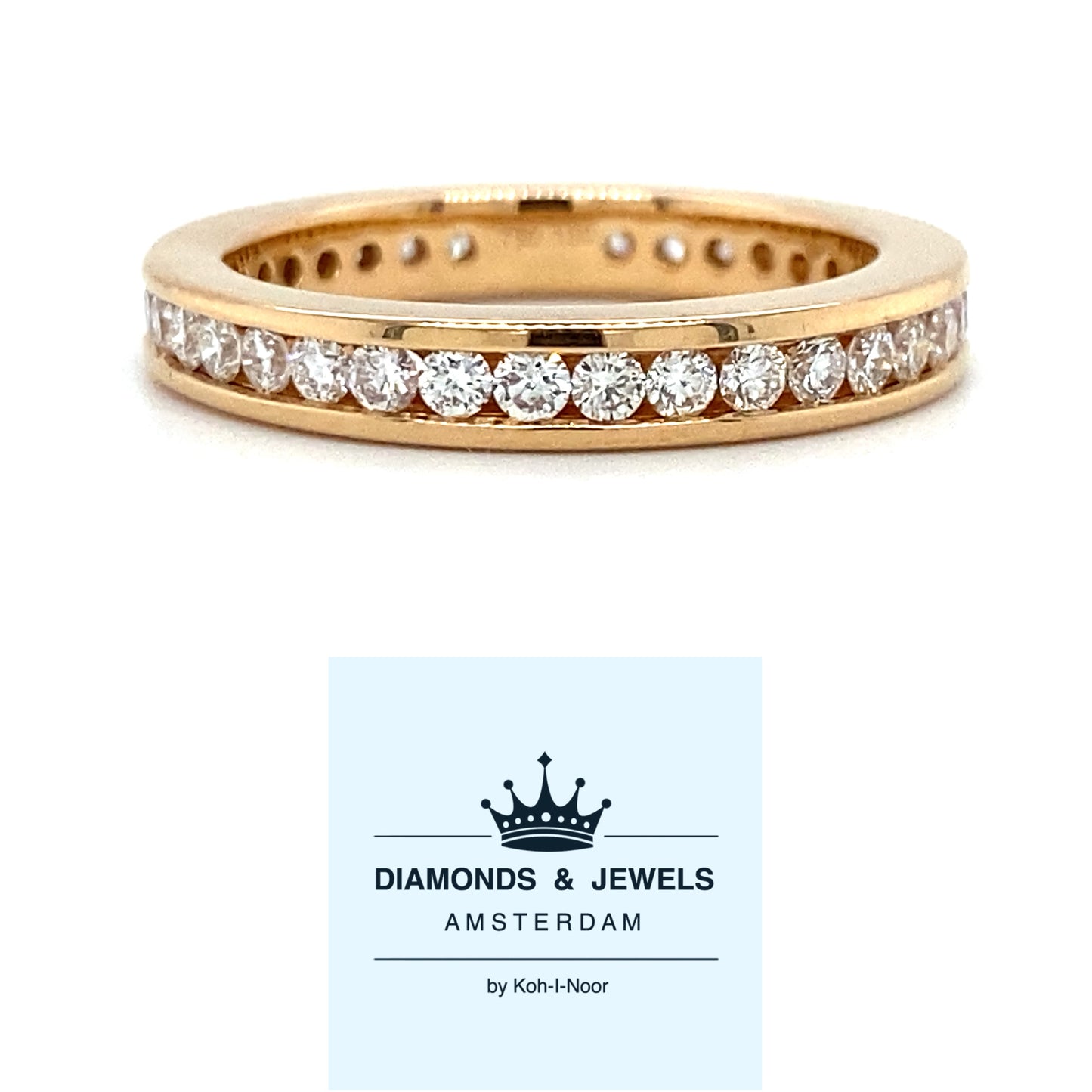 18 krt roségouden alliance rijring van 4 gram en 3 mm breed. Bezet met 36 briljant geslepen diamanten met een totaalgewicht van 1.00 crt kleur Top Wesselton kwaliteit SI Model R 7240