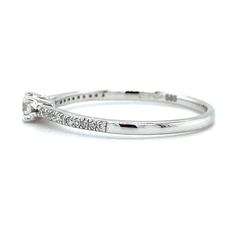 
                      
                        witgouden pavé solitair ring van 1.2 gram. Bezet met 1 briljant geslepen diamant van 0.14 crt en 20 briljant geslepen diamanten met een totaalgewicht van 0.07 crt kleur top wesselton kwaliteit si1 zetting: 5x3mm model R 7437
                      
                    