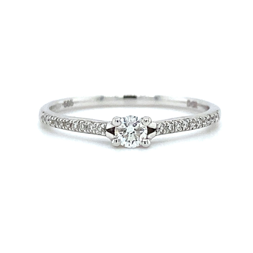 witgouden pavé solitair ring van 1.2 gram. Bezet met 1 briljant geslepen diamant van 0.14 crt en 20 briljant geslepen diamanten met een totaalgewicht van 0.07 crt kleur top wesselton kwaliteit si1 zetting: 5x3mm model R 7437
