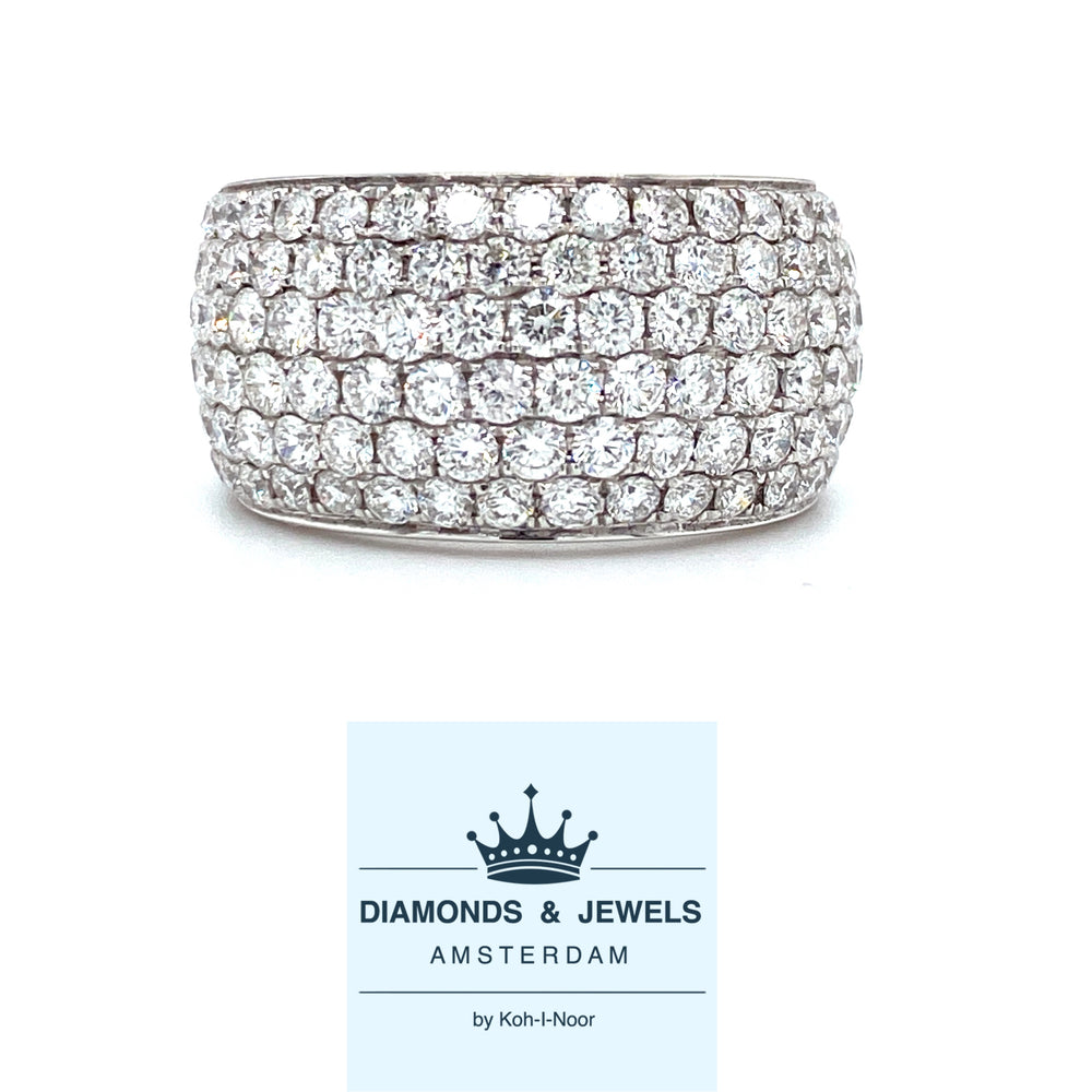 Zeer brede18krt witgouden pavé gezette ring met 120 briljant geslepen diamanten met een totaalgewicht van 3.44crt kleur top wesselton kwaliteit VS2 mt 17.25/54 12mm breed model r7788 €6445