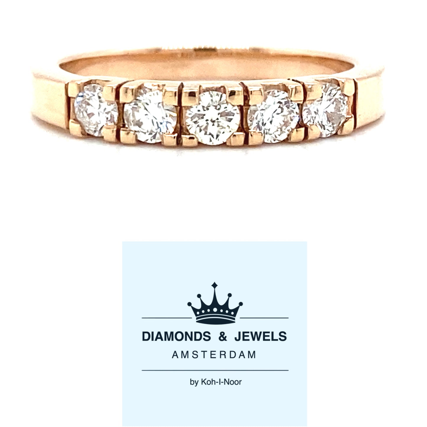 Rosé gouden rij ring van 3.6 gram en 3 mm breed. Bezet met 5 briljant geslepen diamanten met een totaalgewicht van 0.52 crt kleur top wesselton kwaliteit si zetting: 3.5 x 16 mm Model R 8184