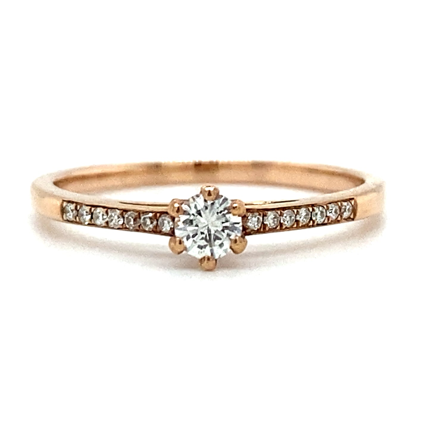 Roségouden solitair rijring bezet met 0.21crt aan briljant geslepen diamanten model R 8748 €765
