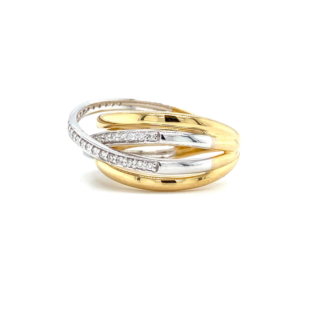 
                      
                        14krt geel gouden met wit gouden gedraaide rijring bezet mt 47 briljant geslepen diamanten met een totaalgewicht van 0.20crt kleur top wesselton kwaliteit vs maat 17/53 model r9901
                      
                    