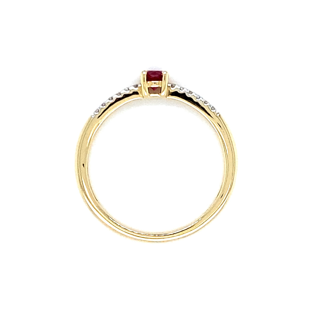 
                      
                        Geel gouden solitair pavé ring bezet met 12 briljant geslepen diamanten met een totaalgewicht van 0.06 crt kleur h kwaliteit si1 en 1 robijn van 0.24 crt breedte ringscheen 1.6 mm model R 9101 €430 
                      
                    