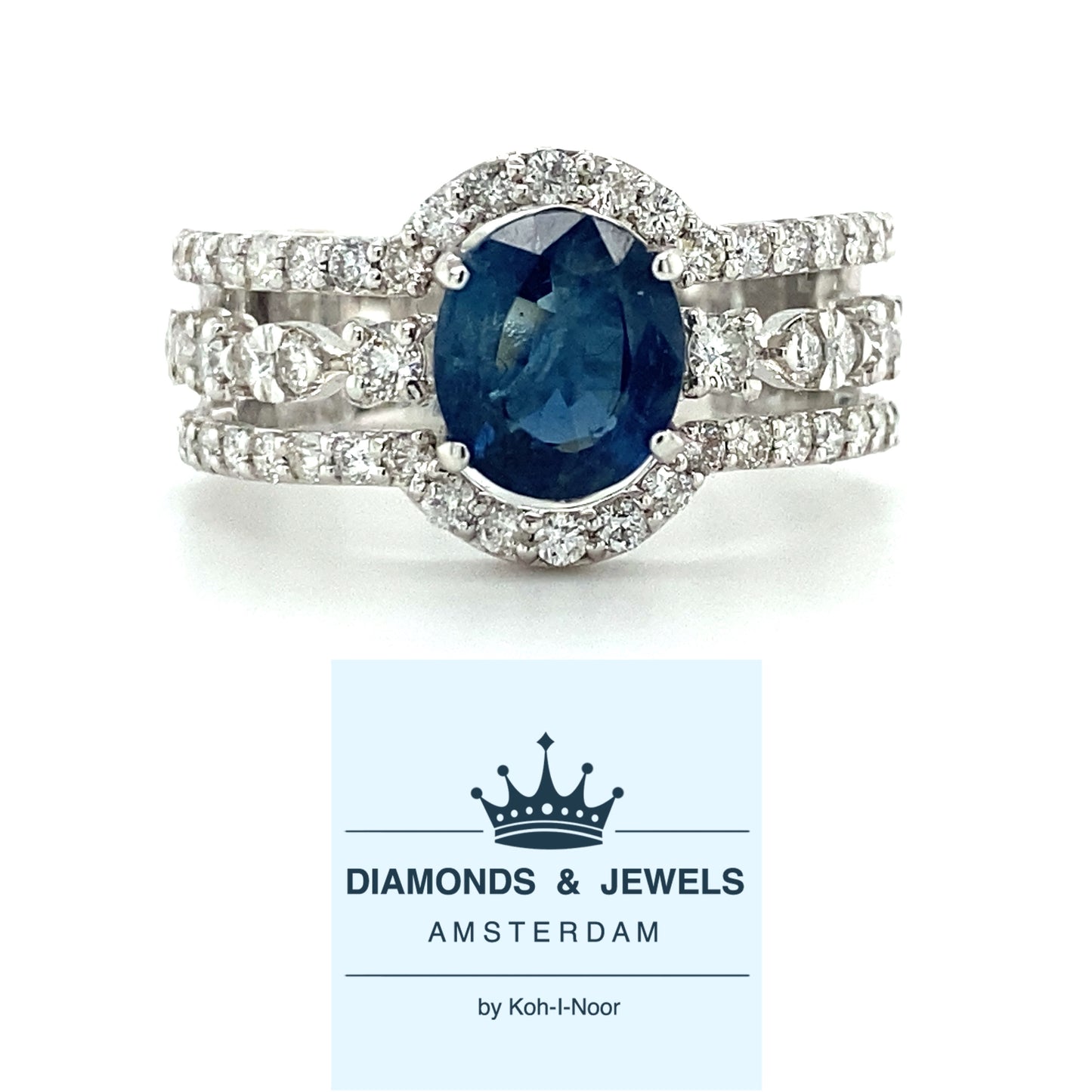 extravagante 18krt fantasie ring met 58 briljant geslepen diamanten met een totaalgewicht van 1.01 crt kleur h kwaliteit si en 1 saffier van 2.13crt maat 17/53 €1950