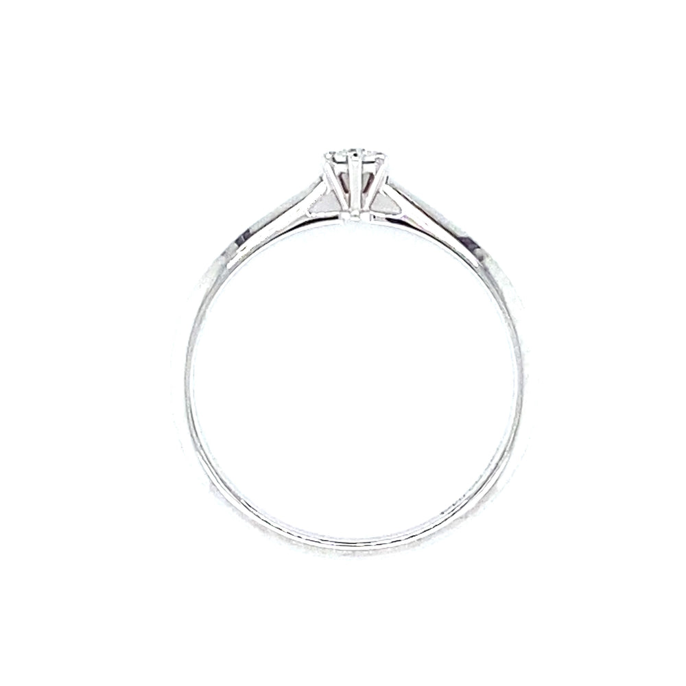 
                      
                        Witgouden solitair ring van 1.3 gram met een mirror zetting. Bezet met 1 briljant geslepen diamant van 0.04 crt kleur g kwaliteit vs zetting: 4 mm Model R 9317
                      
                    