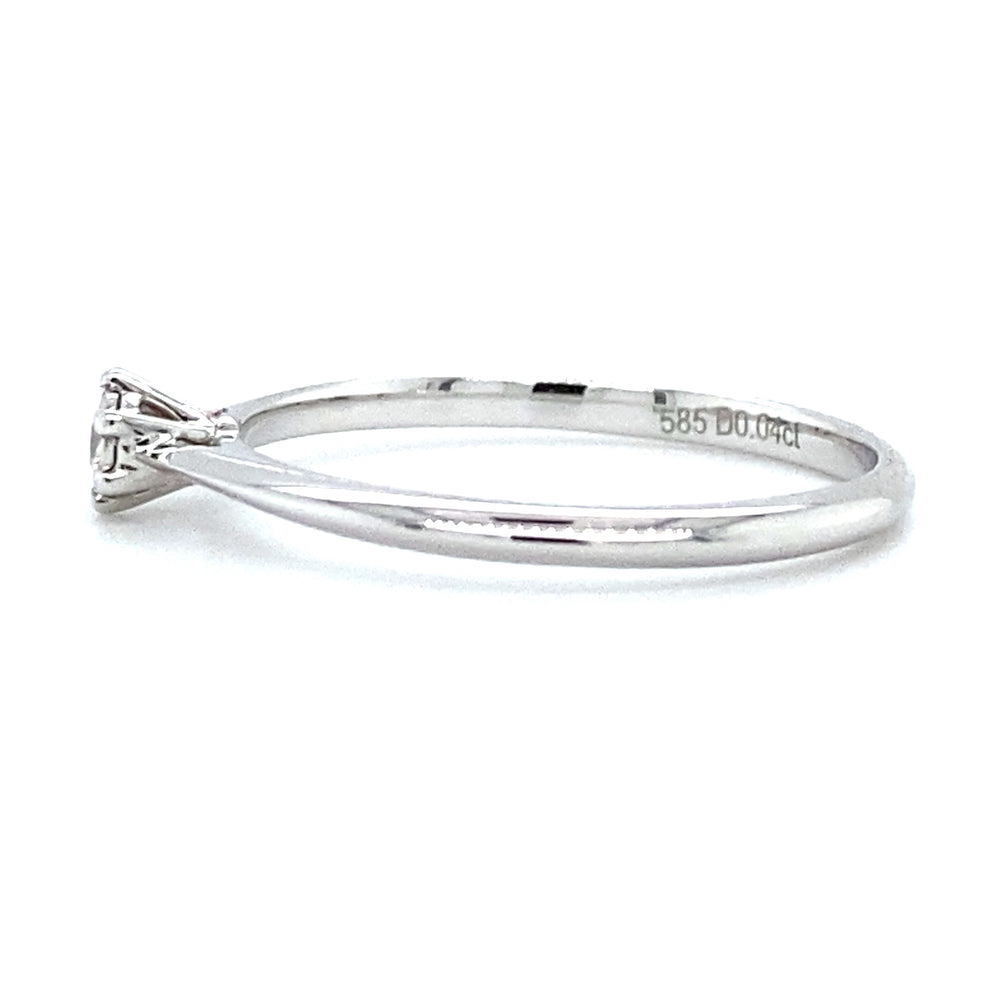 
                      
                        Witgouden solitair ring van 1.3 gram met een mirror zetting. Bezet met 1 briljant geslepen diamant van 0.04 crt kleur g kwaliteit vs zetting: 4 mm Model R 9317
                      
                    