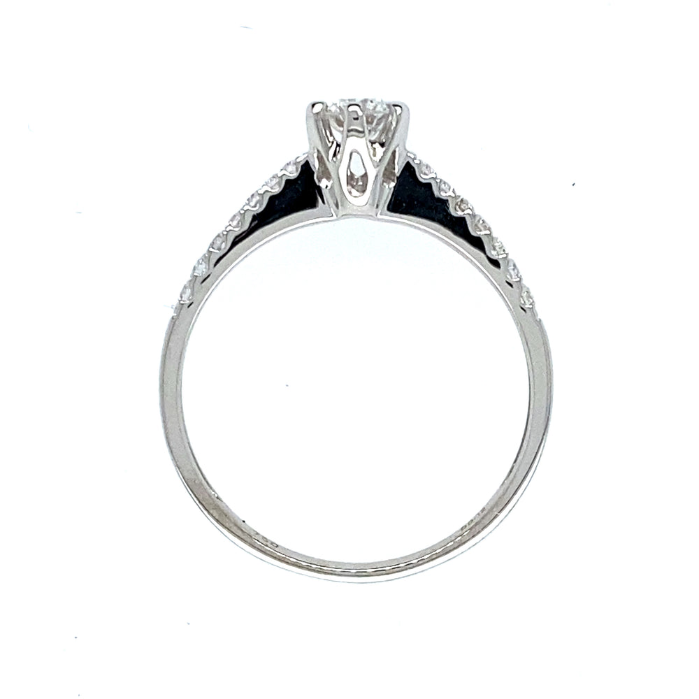 
                      
                        18kt witgouden ring van 1.8 gram met een ringscheen van 1.5 mm. Bezet met 1 briljant geslepen diamant van 0.25 crt en 14 briljant geslepen diamanten met een totaalgewicht van 0.12 crt. Kleur Top Wesselton kwaliteit: VS Doorsnee zetting: 5 mm Model R 9563
                      
                    