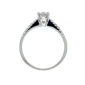 18kt witgouden ring van 1.8 gram met een ringscheen van 1.5 mm. Bezet met 1 briljant geslepen diamant van 0.25 crt en 14 briljant geslepen diamanten met een totaalgewicht van 0.12 crt. Kleur Top Wesselton kwaliteit: VS Doorsnee zetting: 5 mm Model R 9563