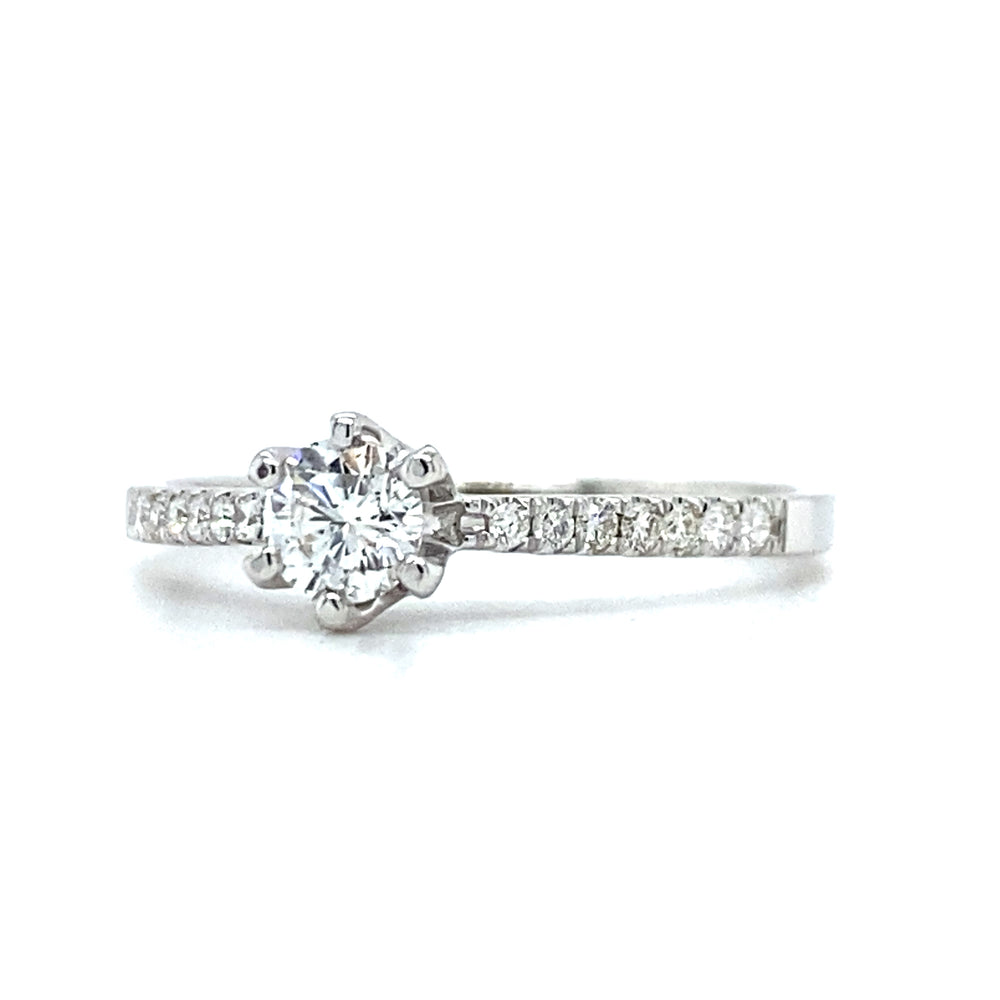 
                      
                        18kt witgouden ring van 1.8 gram met een ringscheen van 1.5 mm. Bezet met 1 briljant geslepen diamant van 0.25 crt en 14 briljant geslepen diamanten met een totaalgewicht van 0.12 crt. Kleur Top Wesselton kwaliteit: VS Doorsnee zetting: 5 mm Model R 9563
                      
                    