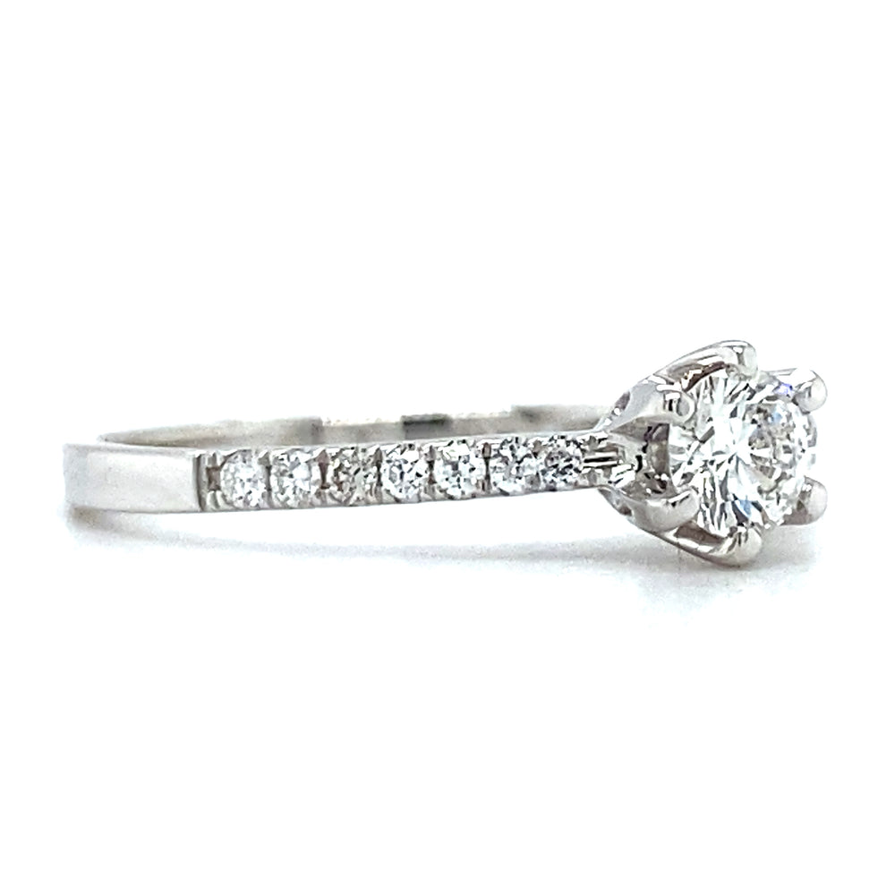 
                      
                        18kt witgouden ring van 1.8 gram met een ringscheen van 1.5 mm. Bezet met 1 briljant geslepen diamant van 0.25 crt en 14 briljant geslepen diamanten met een totaalgewicht van 0.12 crt. Kleur Top Wesselton kwaliteit: VS Doorsnee zetting: 5 mm Model R 9563
                      
                    