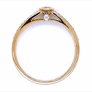 14 karaat geel gouden solitair pavé rij ring van 1.57 gram en 2 mm breed. Bezet met 1 briljant geslepen diamant in het midden van 0.15 crt en 22 briljant geslepen diamanten in de ringscheen met een totaalgewicht van 0.13 crt. Kleur: Top Wesselton Kwaliteit: VS Zetting: 5 mm Model: R 9603