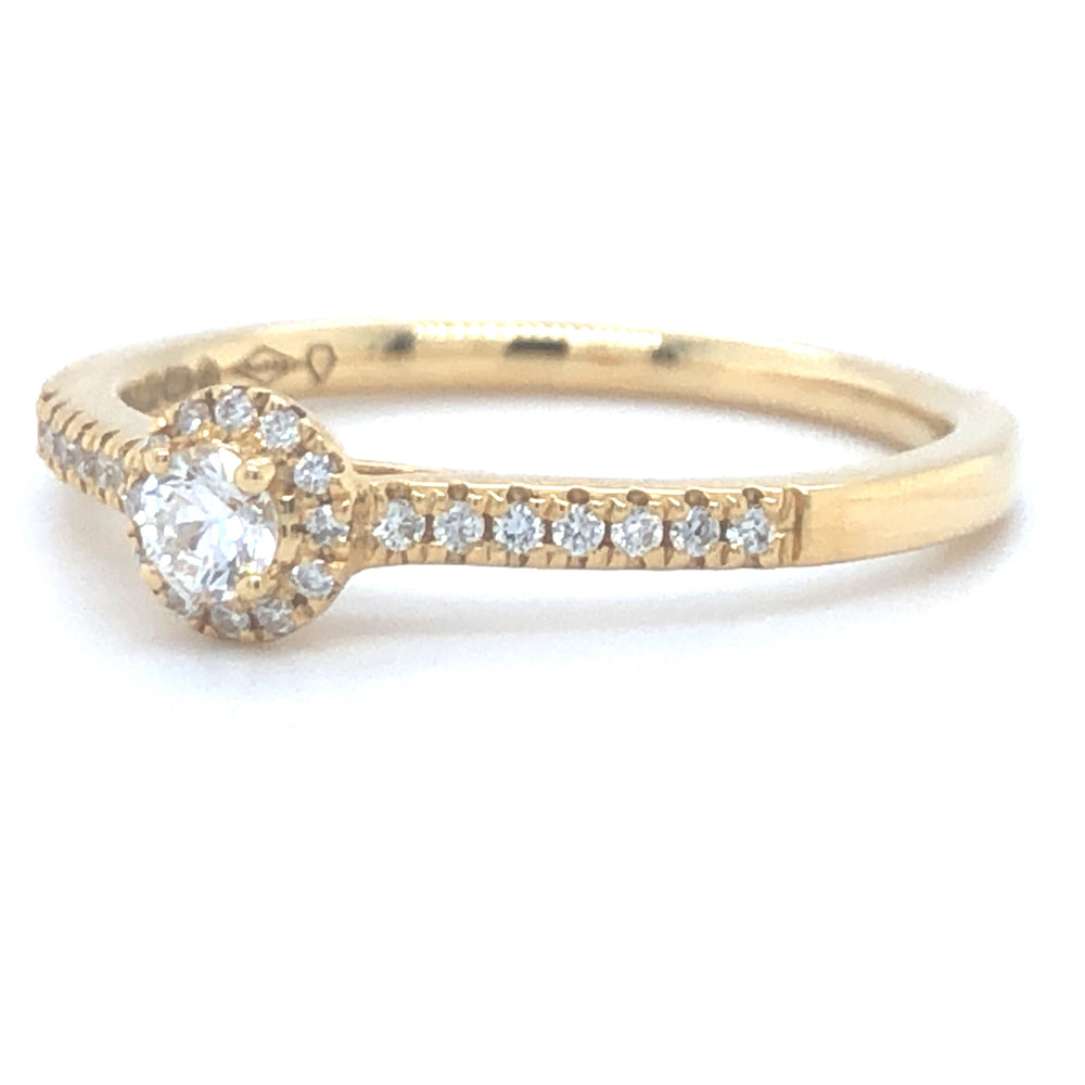 
                      
                        18 karaat geelgouden halo rij ring van 2.68 gram en 2 mm breed. Bezet met 1 briljant geslepen diamant van 0.21 crt en meerdere kleinere briljant geslepen diamanten met een totaalgewicht van 0.27 crt Kleur: Top Wesselton Kwaliteit: VS1 Zetting: 5 mm Model: R 9926
                      
                    