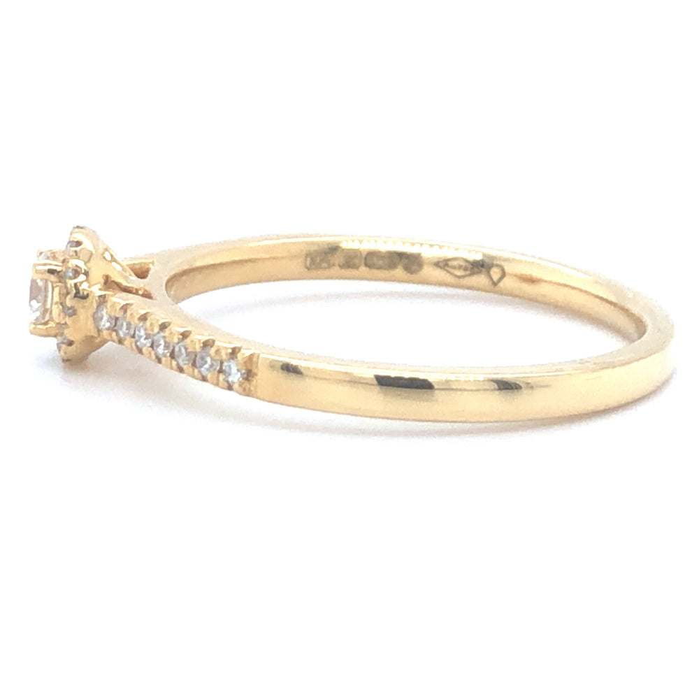 
                      
                        18 karaat geelgouden halo rij ring van 2.68 gram en 2 mm breed. Bezet met 1 briljant geslepen diamant van 0.21 crt en meerdere kleinere briljant geslepen diamanten met een totaalgewicht van 0.27 crt Kleur: Top Wesselton Kwaliteit: VS1 Zetting: 5 mm Model: R 9926
                      
                    