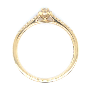 18 karaat geel gouden halo rij ring van 2.15 gram en 2 mm breed. Bezet met 1 briljant geslepen diamant van 0.16 crt en meerdere kleinere diamanten met een totaal gewicht van 0.25 crt Kleur: Top Wesselton Kwaliteit: VS2 Zetting: 5mm Model R: 9927