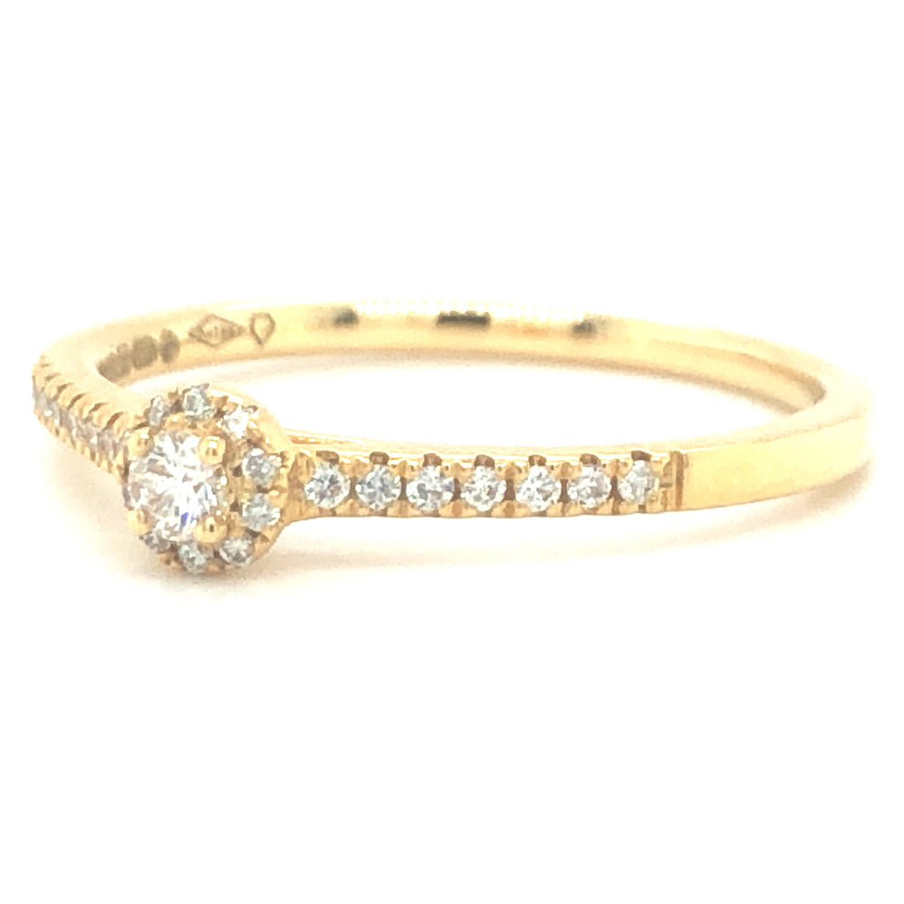 
                      
                        18 karaat geel gouden halo rij ring van 2.15 gram en 2 mm breed. Bezet met 1 briljant geslepen diamant van 0.16 crt en meerdere kleinere diamanten met een totaal gewicht van 0.25 crt Kleur: Top Wesselton Kwaliteit: VS2 Zetting: 5mm Model R: 9927
                      
                    