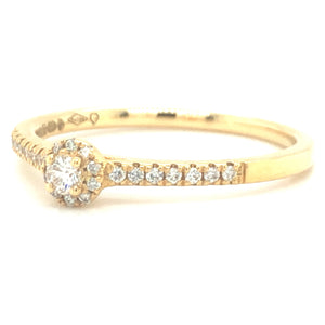 18 karaat geel gouden halo rij ring van 2.15 gram en 2 mm breed. Bezet met 1 briljant geslepen diamant van 0.16 crt en meerdere kleinere diamanten met een totaal gewicht van 0.25 crt Kleur: Top Wesselton Kwaliteit: VS2 Zetting: 5mm Model R: 9927