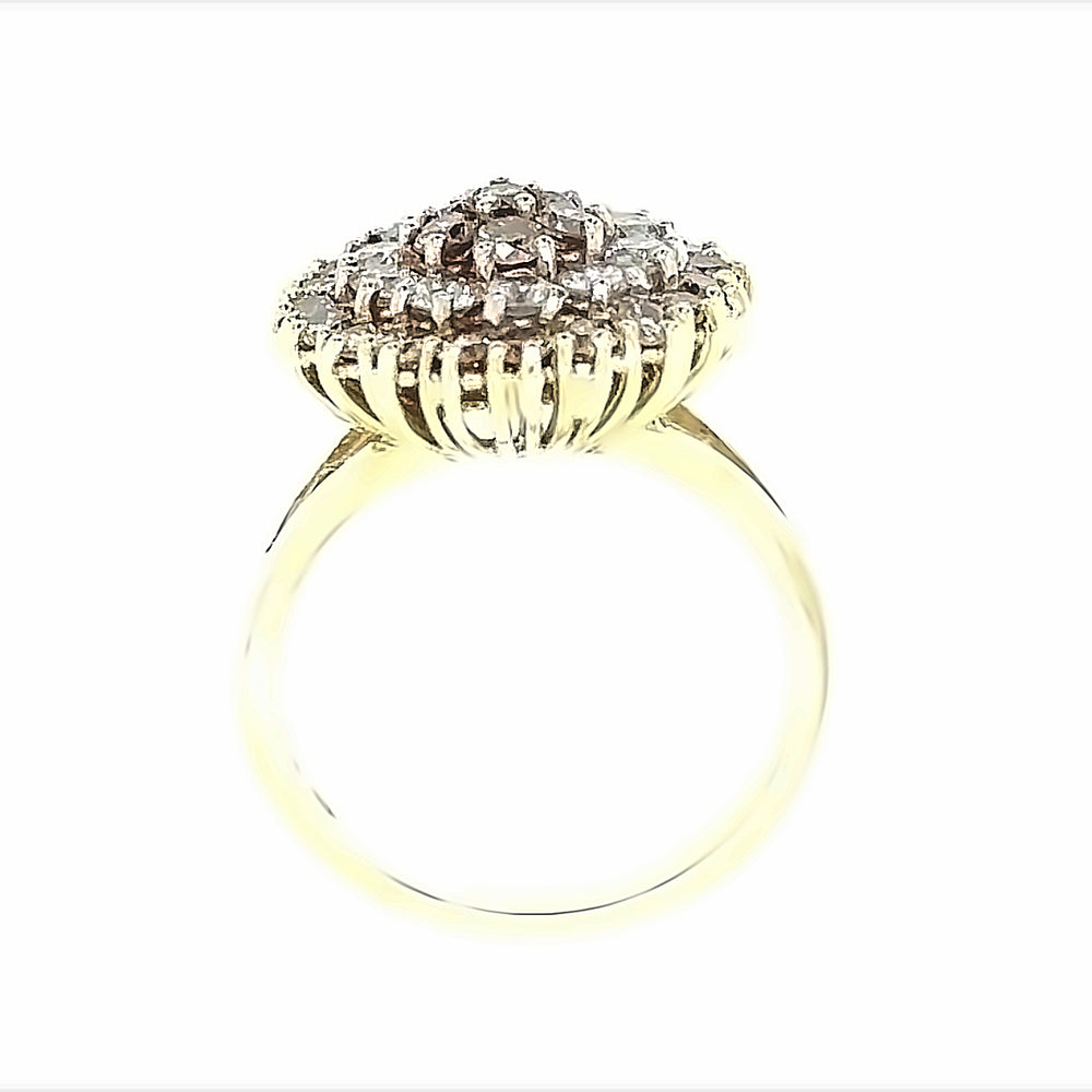 
                      
                        14 karaat geelgouden cocktail ring van 5.2 gram met een ringscheen van 2 tot 5 mm breed. Bezet met 10 briljant geslepen diamanten met een totaalgewicht van 0.75 crt Kleur: H Kwaliteit: Pique en 26 briljant geslepen diamanten met een totaalgewicht van 1.17 crt Kleur: Bruin Zetting: Ø 12 mm Model: R 9985
                      
                    