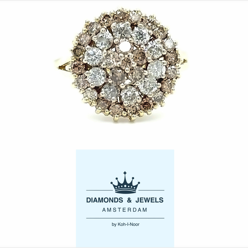 14 karaat geelgouden cocktail ring van 5.2 gram met een ringscheen van 2 tot 5 mm breed. Bezet met 10 briljant geslepen diamanten met een totaalgewicht van 0.75 crt Kleur: H Kwaliteit: Pique en 26 briljant geslepen diamanten met een totaalgewicht van 1.17 crt Kleur: Bruin Zetting: Ø 12 mm Model: R 9985